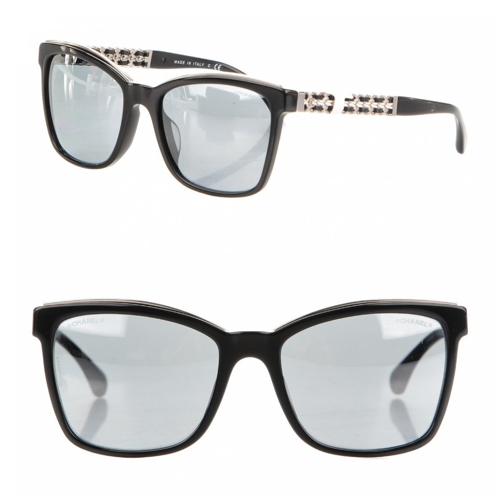 Chanel Square Cat Eye Leather and Silver Chain Link Sunglasses